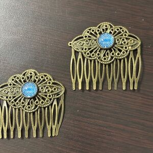 Antique Brass Filigree Hair Comb with Blue Accent - Women Accessories